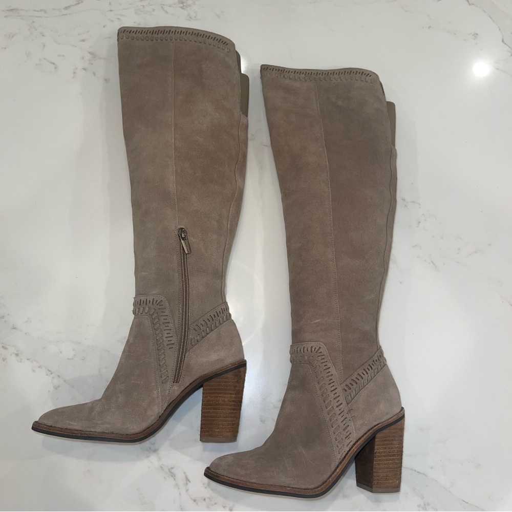 Vince Camuto “Madolee” Taupe Suede Over-the-Knee Block Heel Boots